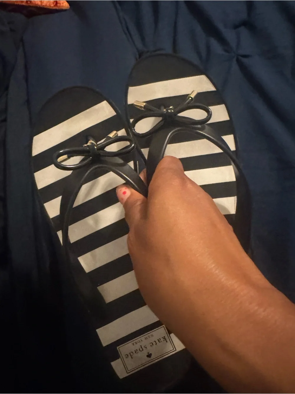 kate spade Black & White Striped Platform Flip Flops with Bow